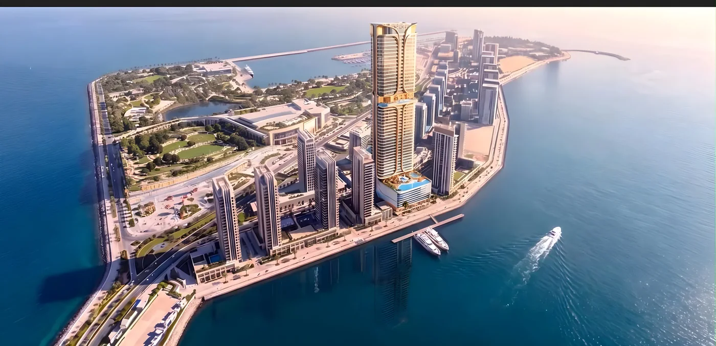 Aerial view of Dubai Maritime City with the Shahrukhz Residences tower on the waterfront