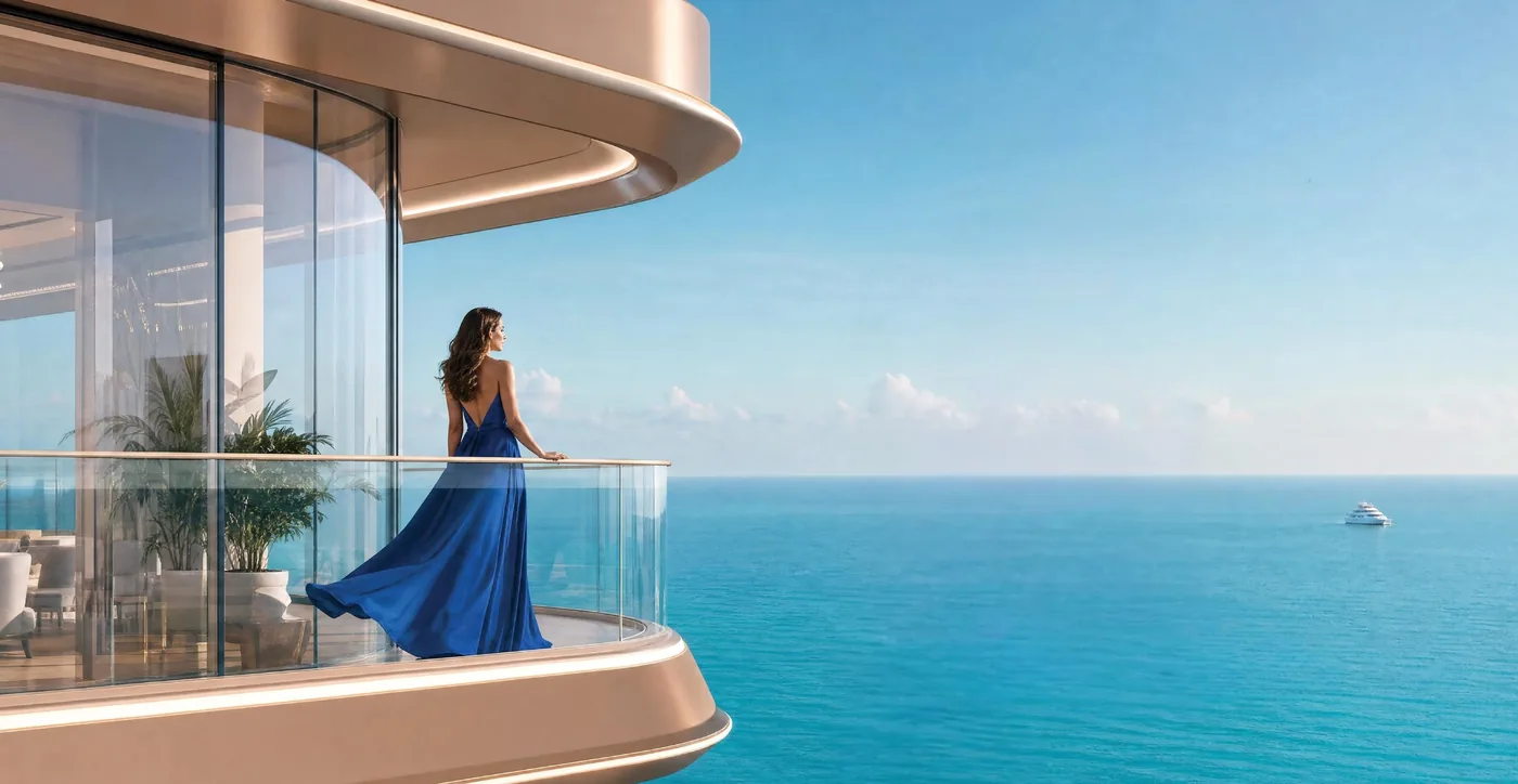 A resident on a curved glass balcony above open sea