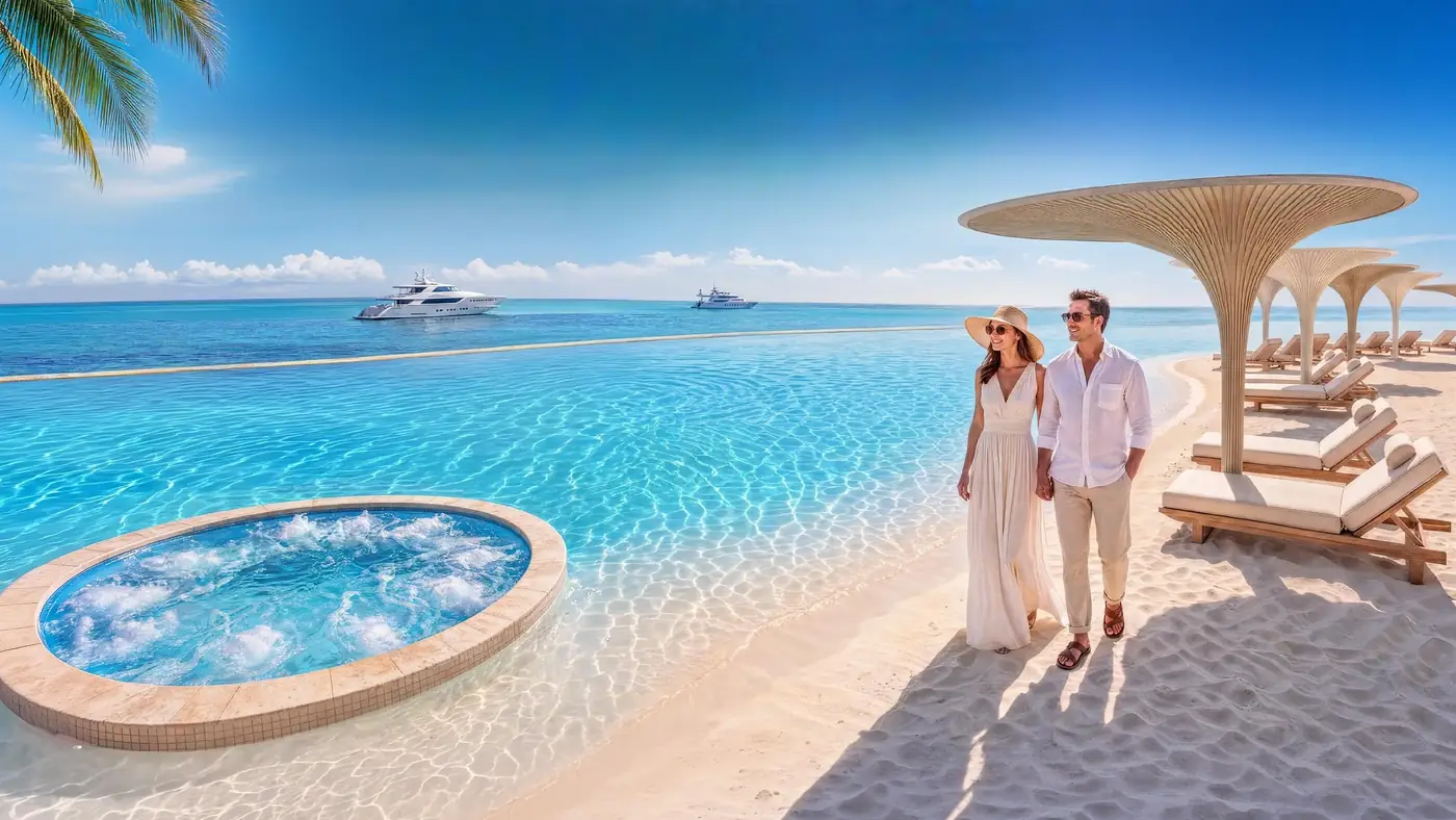 Beach lagoon with loungers