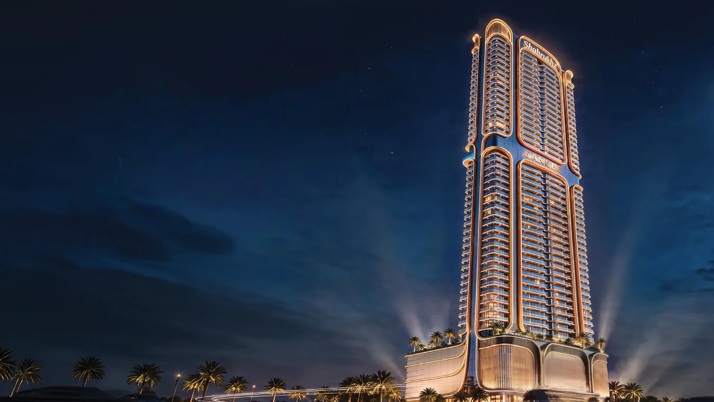 The Shahrukhz Residences tower lit up at night