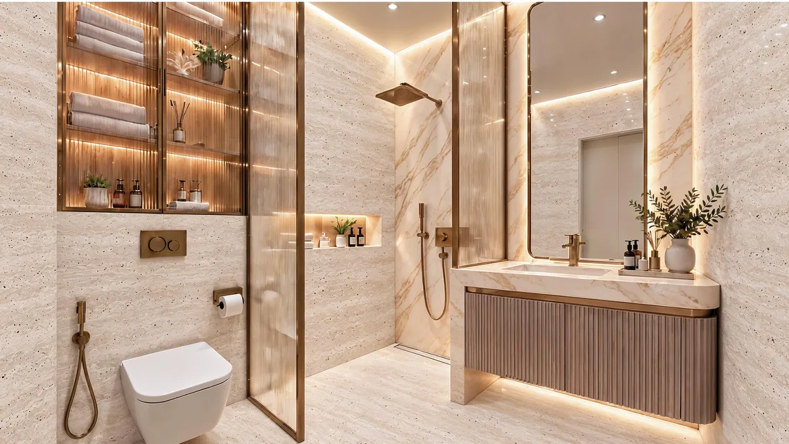 Bathroom in travertine and marble with bronze fixtures