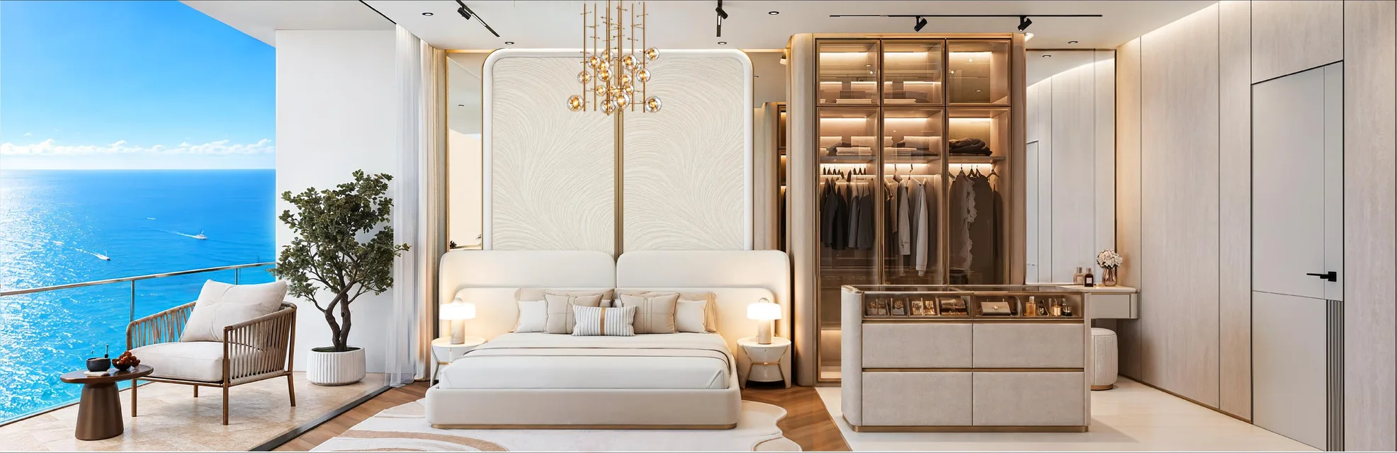 Bedroom with walk-in wardrobe and a sea-view balcony