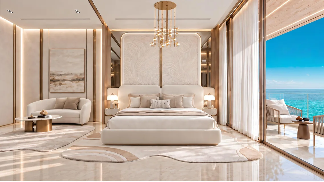 Studio bedroom with a sofa, opening onto a sea-view balcony