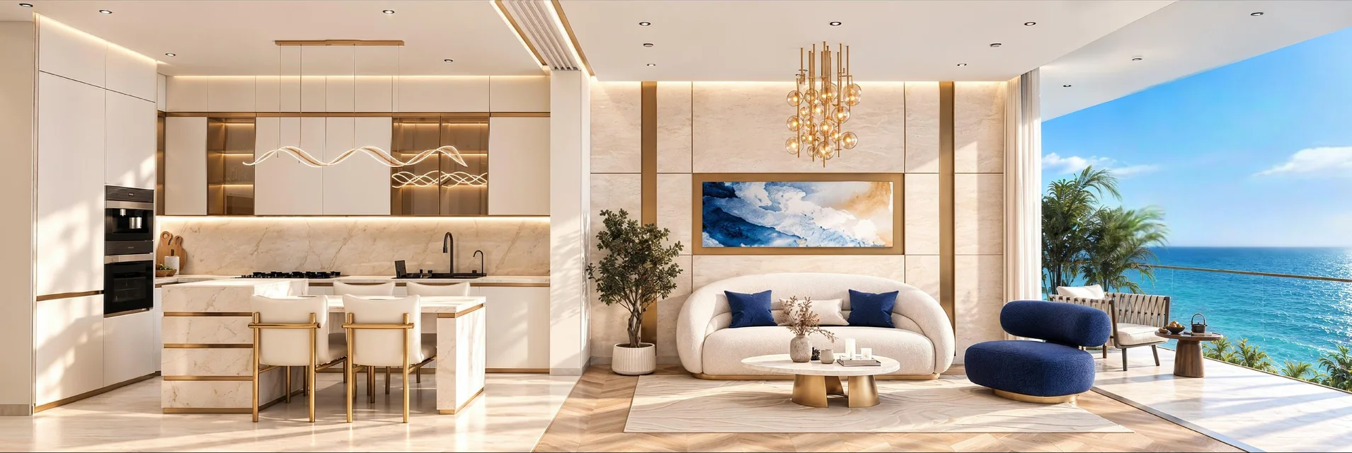 Furnished living room and Italian kitchen opening onto a sea-view terrace