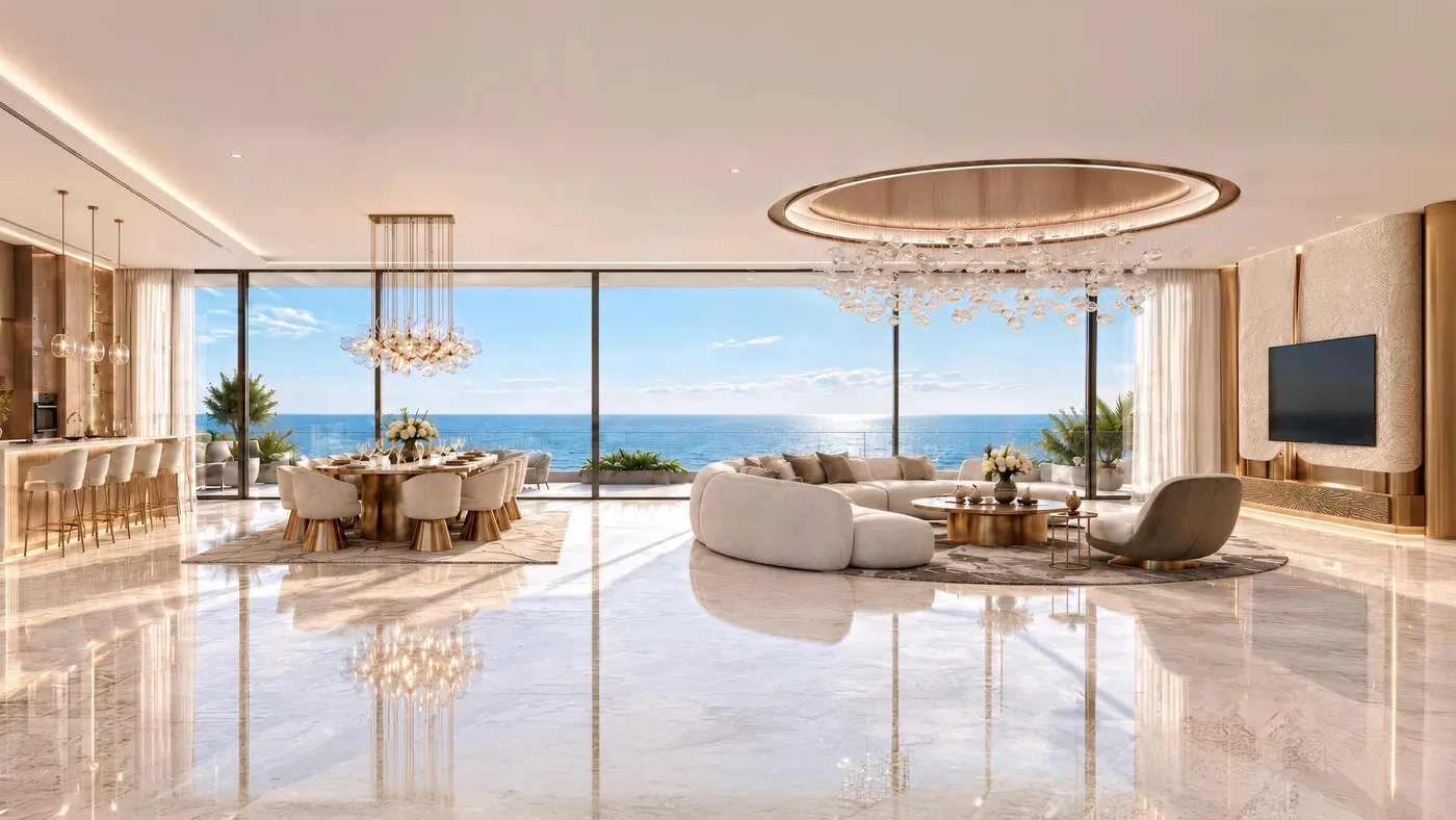 Penthouse lounge and dining under crystal chandeliers, with a wall of glass onto the sea